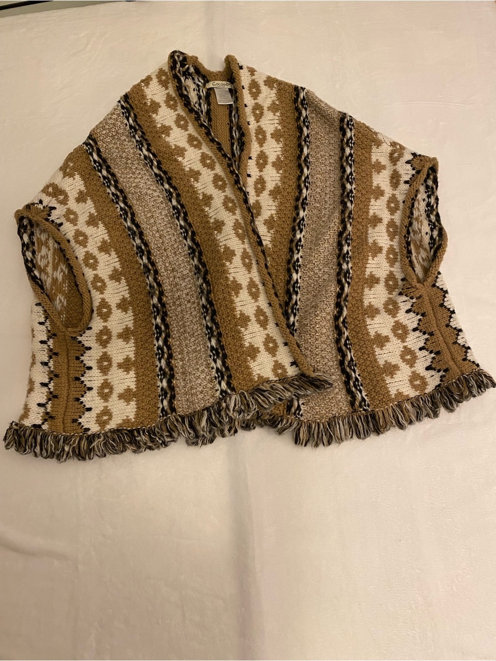 Cocogìo Women’s Fringe Knit Open-Front Poncho - Brown Cream Black